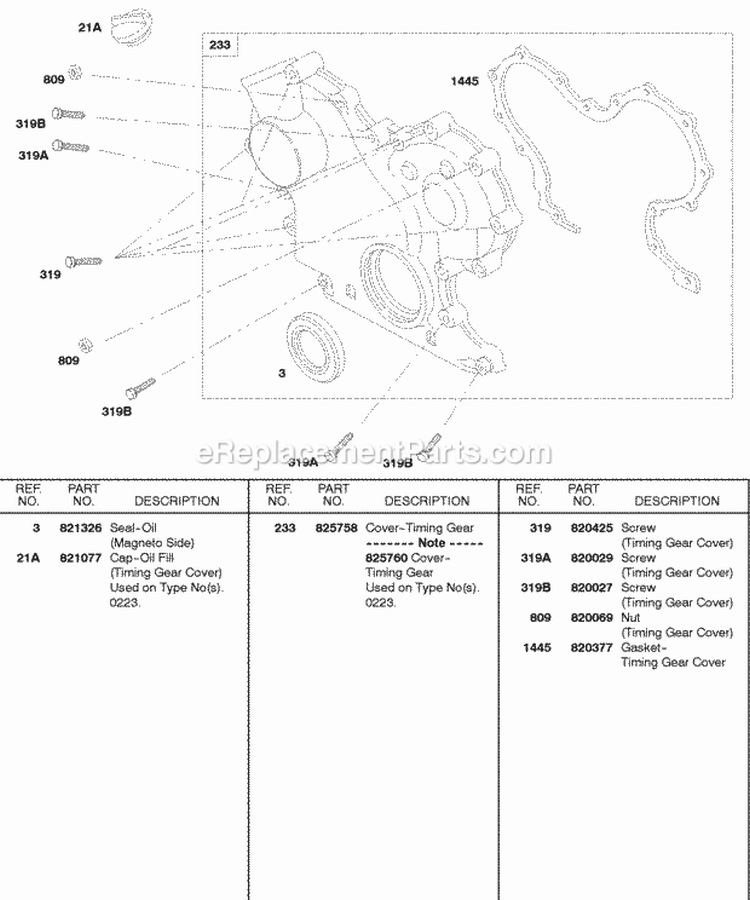 Gear Cover Diagram and Parts List for 588447-0223-E2  Briggs and Stratton Engine